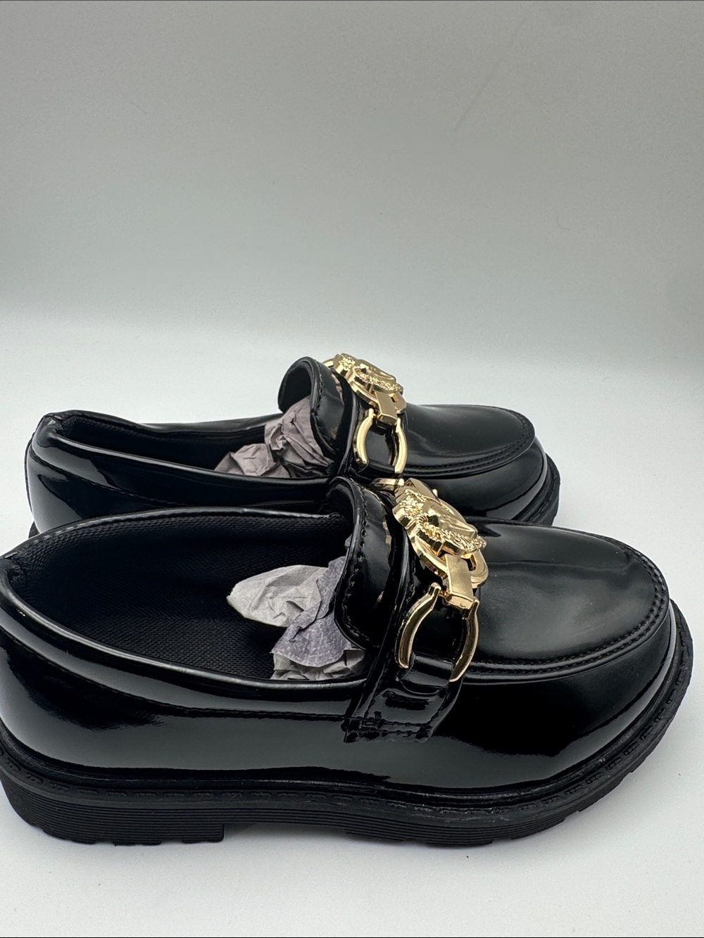 Black Patent Women's Loafers with Gold Hardware